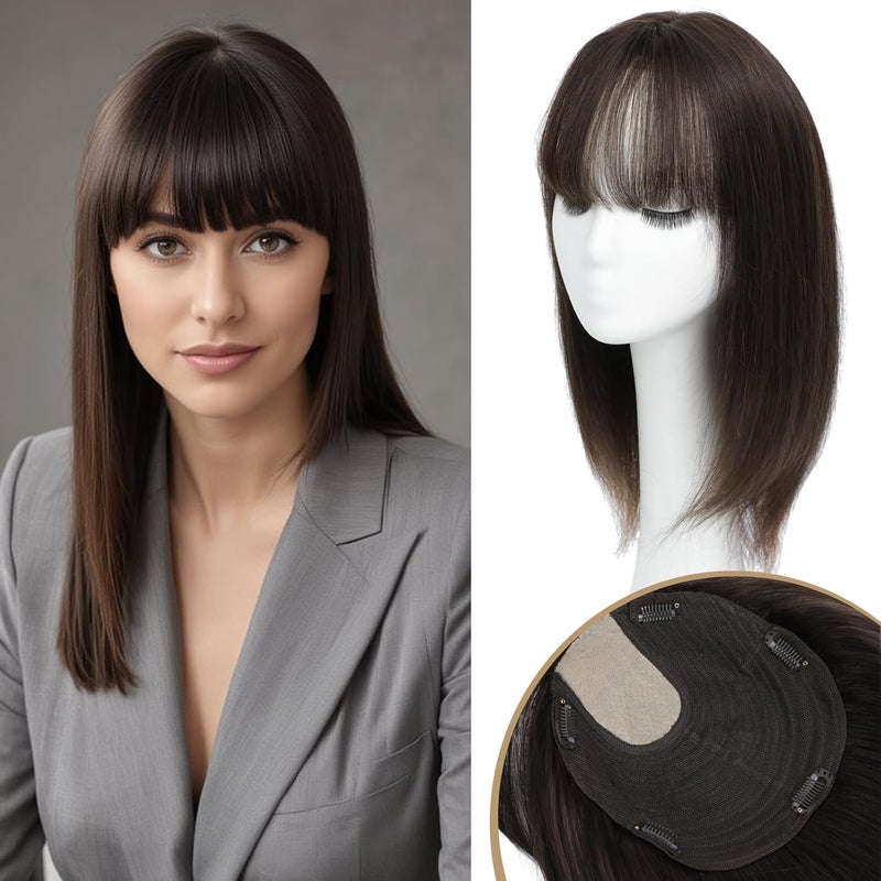 YAMI Hair Toppers for Women Real Human Hair 100 Real Human Hair Toppers for Women with Bangs 15 Inch Hair Pieces with Hairloss Dark Brown