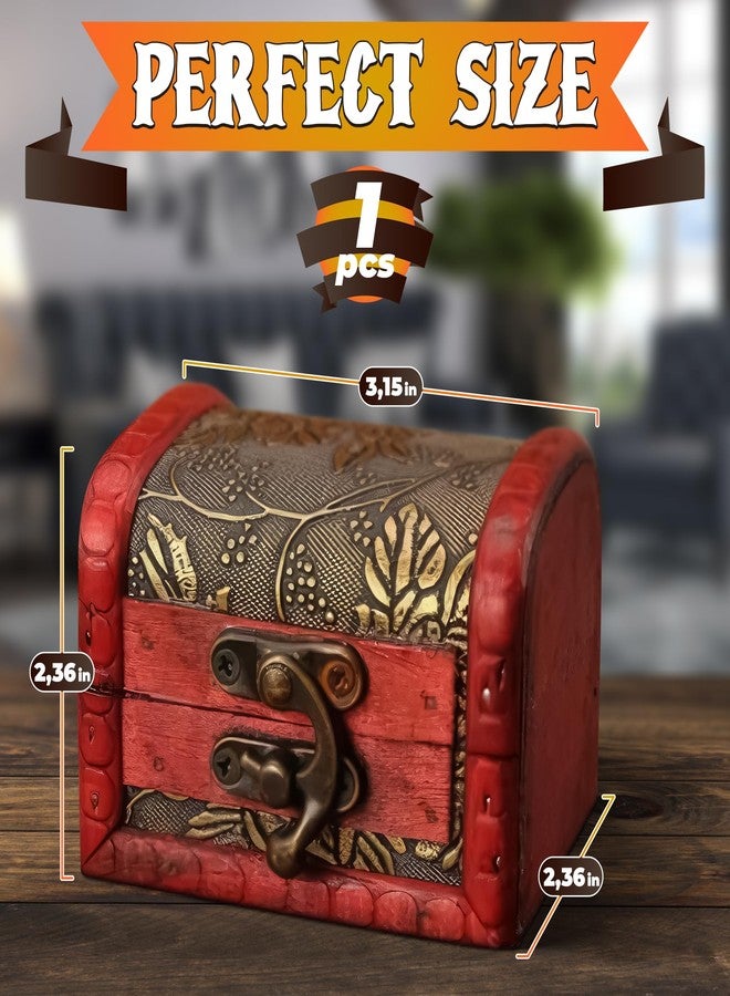 Tesorrio Small Treasure Chest Box - 3.15" x 2.36" x 2.36" Mini Treasure Chest with Vintage Ornament, Decorative Wooden Box with Lid and Hasp Latch, Good for Gifting, DIY-Crafts, and Aquarium Decoration - Image 2