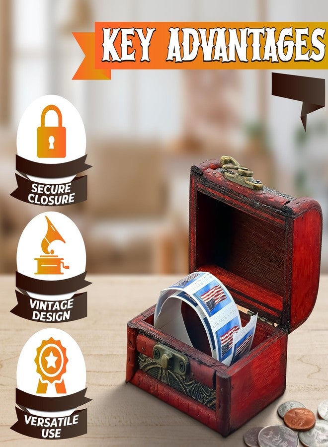 Tesorrio Small Treasure Chest Box - 3.15" x 2.36" x 2.36" Mini Treasure Chest with Vintage Ornament, Decorative Wooden Box with Lid and Hasp Latch, Good for Gifting, DIY-Crafts, and Aquarium Decoration - Image 4