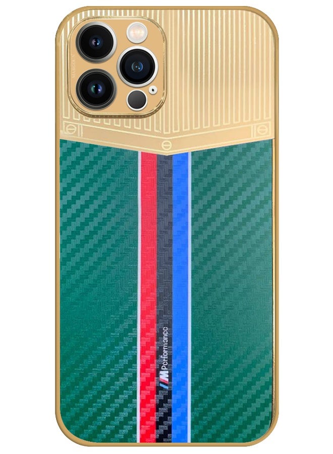 CATANES Luxury Gold Plated Case for iPhone 12 Pro Max - Hybrid Electroplated Frame Back Cover with Carbon Fiber Texture - Racing Stripe Pattern Green - Image 1