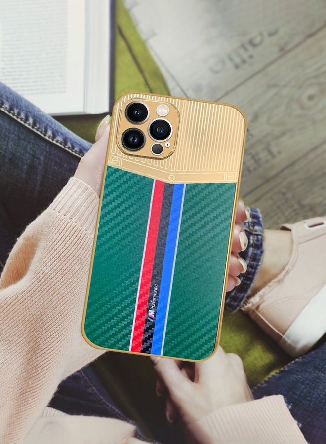 CATANES Luxury Gold Plated Case for iPhone 12 Pro Max - Hybrid Electroplated Frame Back Cover with Carbon Fiber Texture - Racing Stripe Pattern Green - Image 5