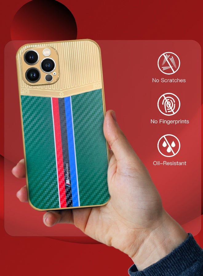 CATANES Luxury Gold Plated Case for iPhone 12 Pro Max - Hybrid Electroplated Frame Back Cover with Carbon Fiber Texture - Racing Stripe Pattern Green - Image 4