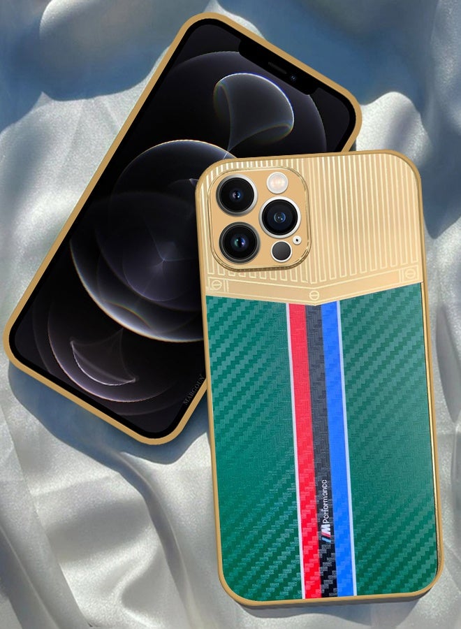 CATANES Luxury Gold Plated Case for iPhone 12 Pro Max - Hybrid Electroplated Frame Back Cover with Carbon Fiber Texture - Racing Stripe Pattern Green - Image 2