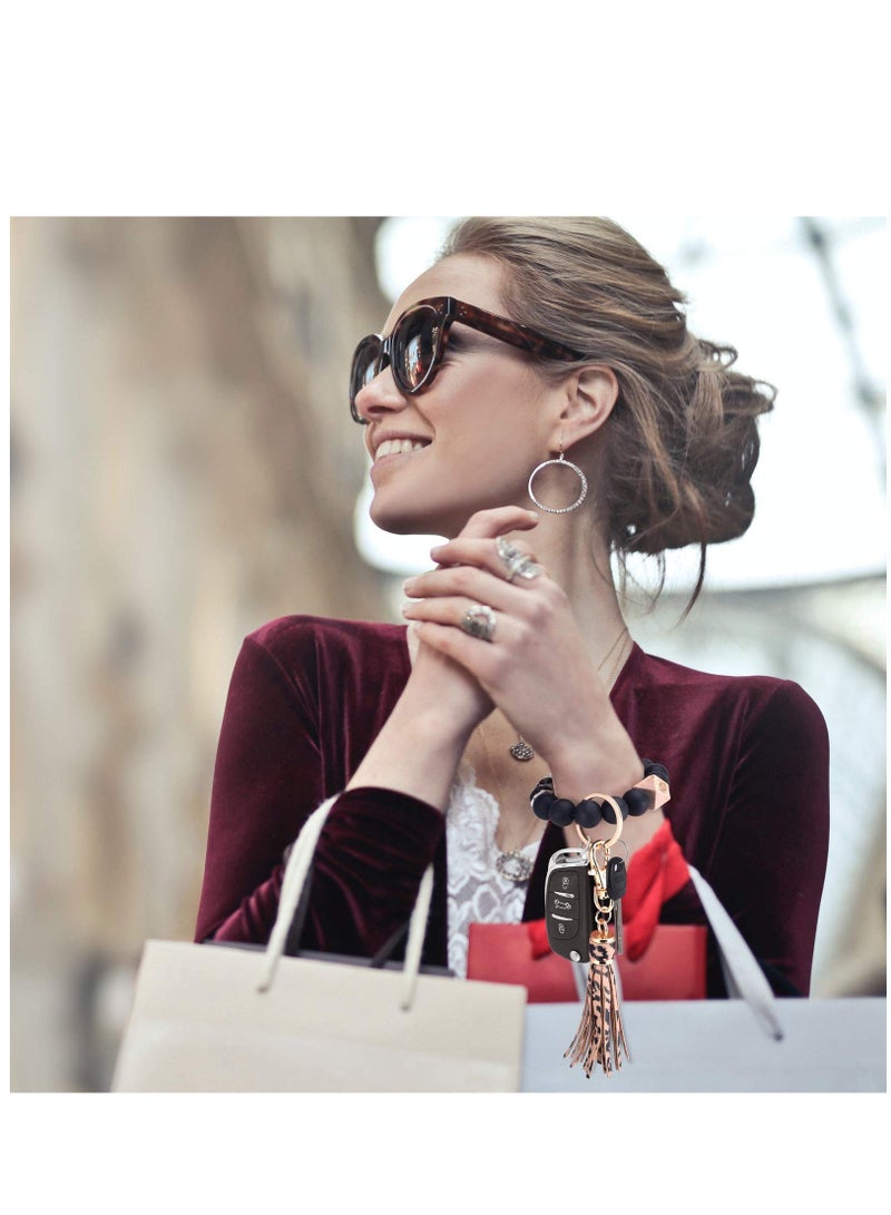 Silicone Key Ring, Key Ring Bracelet Wristlet Keychain Silicone Beaded Bangle Chains for Women with Leather Tassel - Image 3