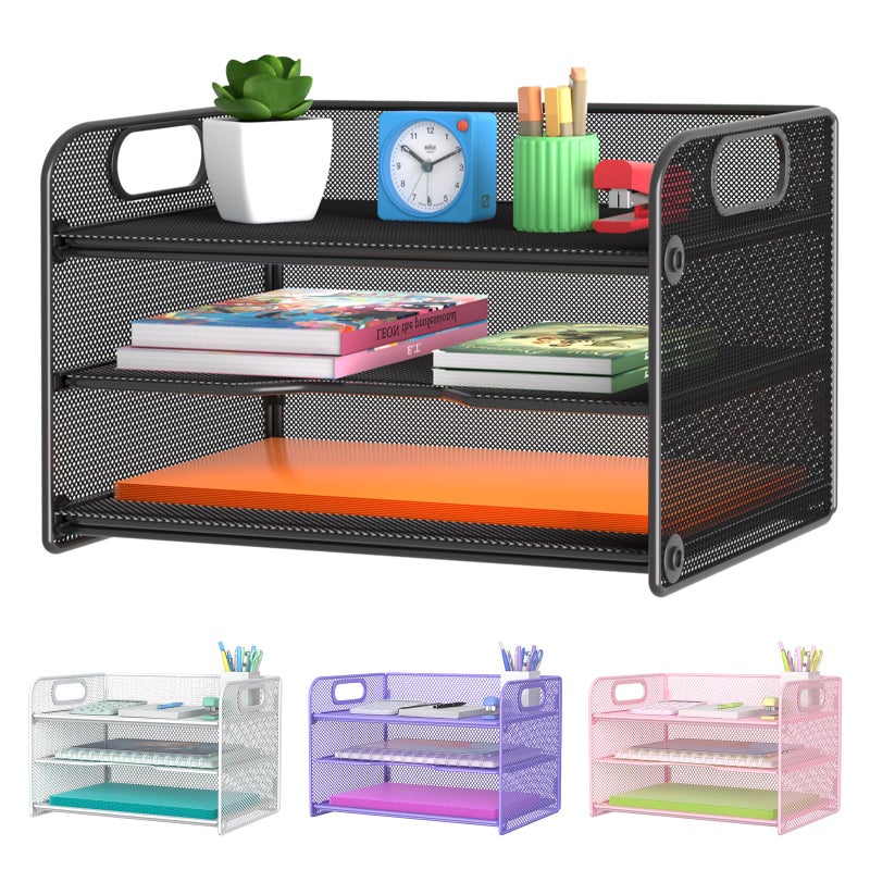 Samstar 3 Tier Letter Tray Paper Organizer with Handle, Mesh Desk Organizer Paper Sorter File Rack Shelves, Black - Image 1
