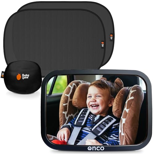 Onco Baby Car Mirror & Car Window Shades Bundle (18.9″ × 12″) - UPF 50+ Window Shade, 100% Shatter-Proof Car Mirror for Baby, Universal Shades & Mirror - Image 1