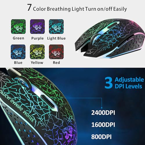 TENMOS M2 Wireless Gaming Mouse, Silent Rechargeable Optical USB Computer Mice Wireless with 7 Color LED Light, Ergonomic Design, 3 Adjustable DPI Compatible with Laptop/PC/Notebook, 6 Buttons (Black) - Image 3
