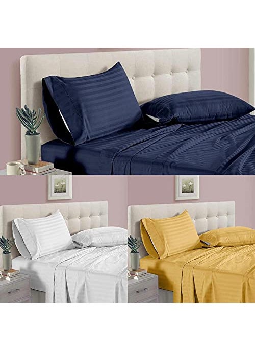 New Leaf NEW LEAF® 210 TC Glace Cotton Satin Stripes/Lining 3 Plain Bedsheet for Double Bed with 6 Pillow Covers for Home-Hotels-Guest House-Blue Yellow and White 