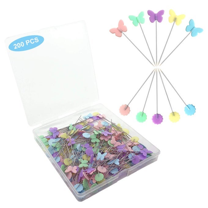 200PCS SEWING PINS FLAT HEAD STRAIGHT PINS WITH BUTTERFLY AND FLOWER COLORED HEADS LONG 216INCH QUILTING PINS FOR DRESSMAKER CRAFT SEWING PROJECT AND DIY DECORATION BUTTERFLY AND FLOWER