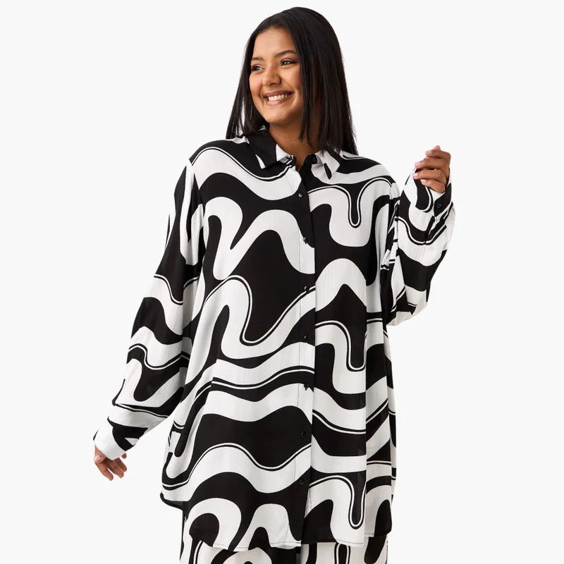  أولا بوبكن Plus Size Ulla Popken All-Over Print Shirt with Long Sleeves
