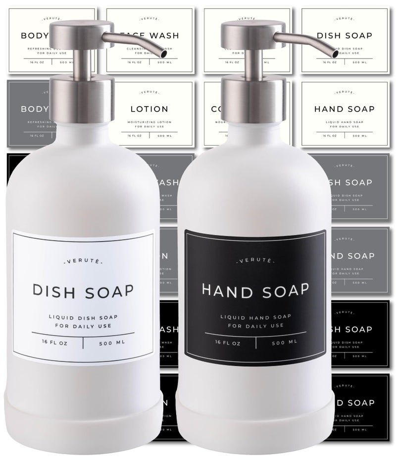 Verute 16oz Glass Soap Dispenser with Stainless Steel Pump, 21 Waterproof Labels, Non-Slip Protective Silicone Pad, Set of 2 for Bathroom & Kitchen (Matte White Bottle/Brushed Silver Pump) - Image 1