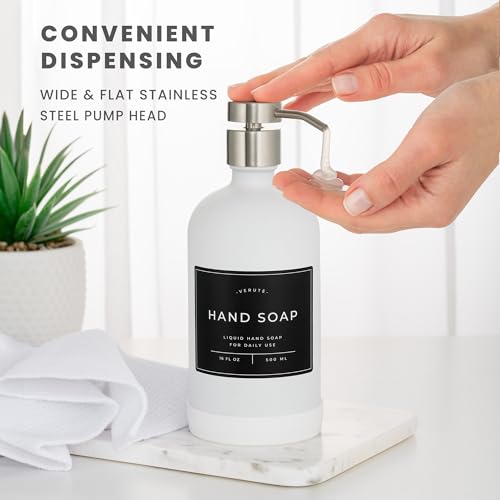 Verute 16oz Glass Soap Dispenser with Stainless Steel Pump, 21 Waterproof Labels, Non-Slip Protective Silicone Pad, Set of 2 for Bathroom & Kitchen (Matte White Bottle/Brushed Silver Pump) - Image 4