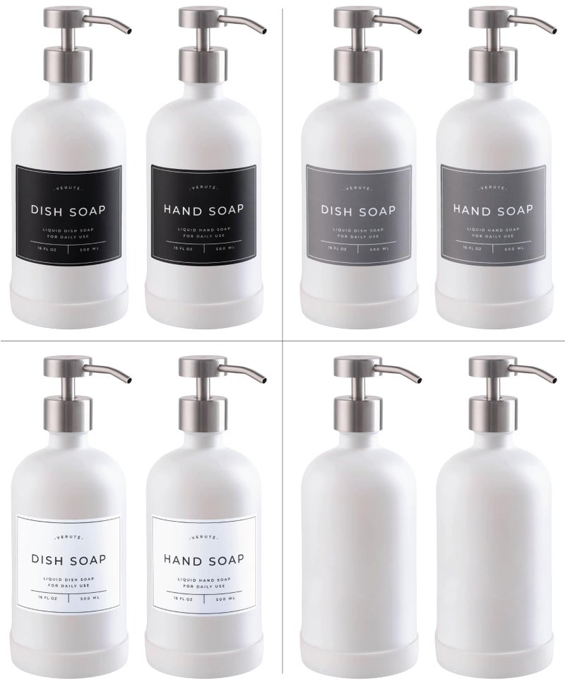 Verute 16oz Glass Soap Dispenser with Stainless Steel Pump, 21 Waterproof Labels, Non-Slip Protective Silicone Pad, Set of 2 for Bathroom & Kitchen (Matte White Bottle/Brushed Silver Pump) - Image 5