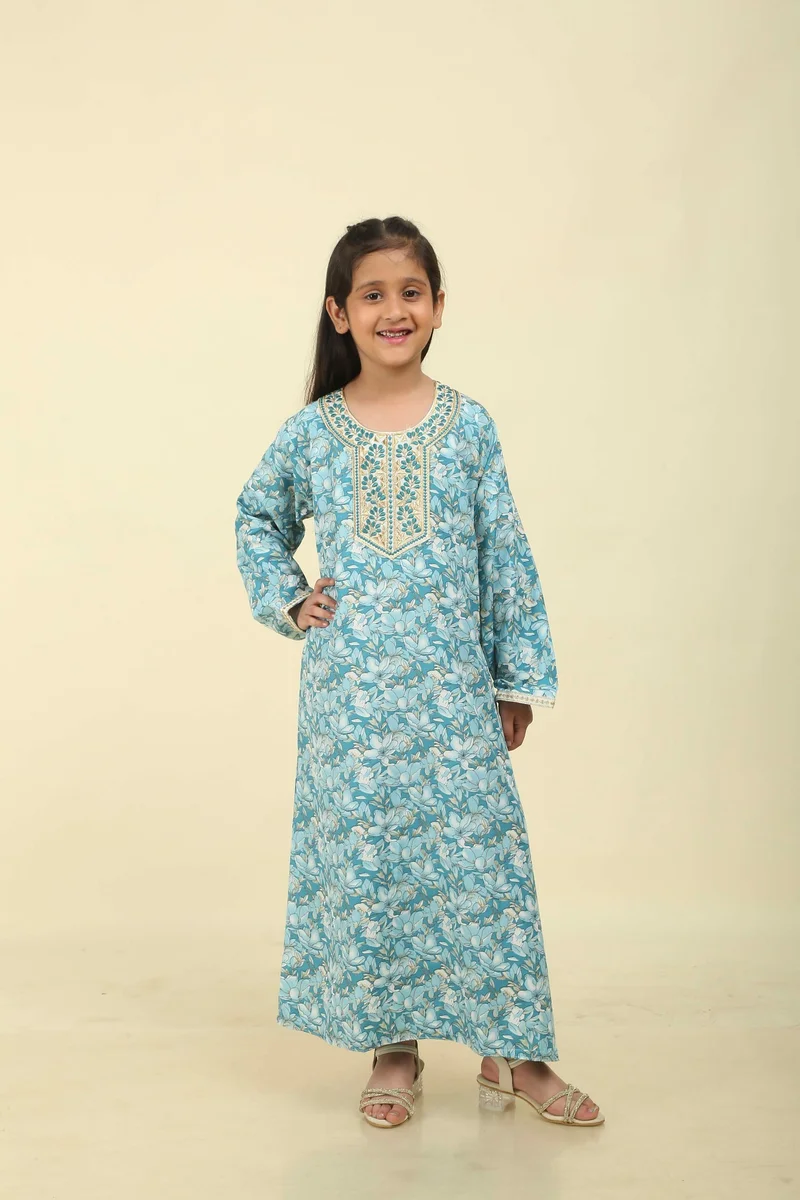 HANA & SARA Classic Girls Arabic Jalabiya – Lightweight Floral Full-Length Dress for Celebrations