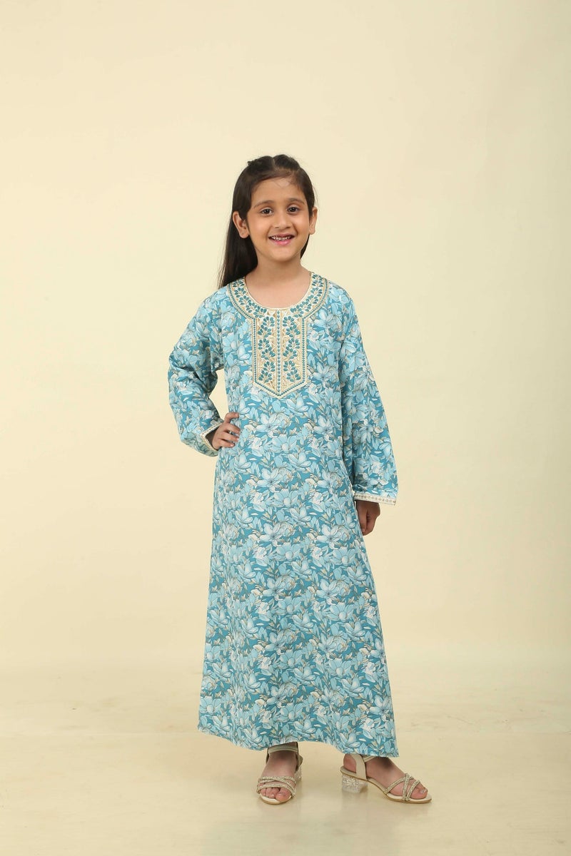 HANA & SARA Classic Girls Arabic Jalabiya – Lightweight Floral Full-Length Dress for Celebrations - Image 1