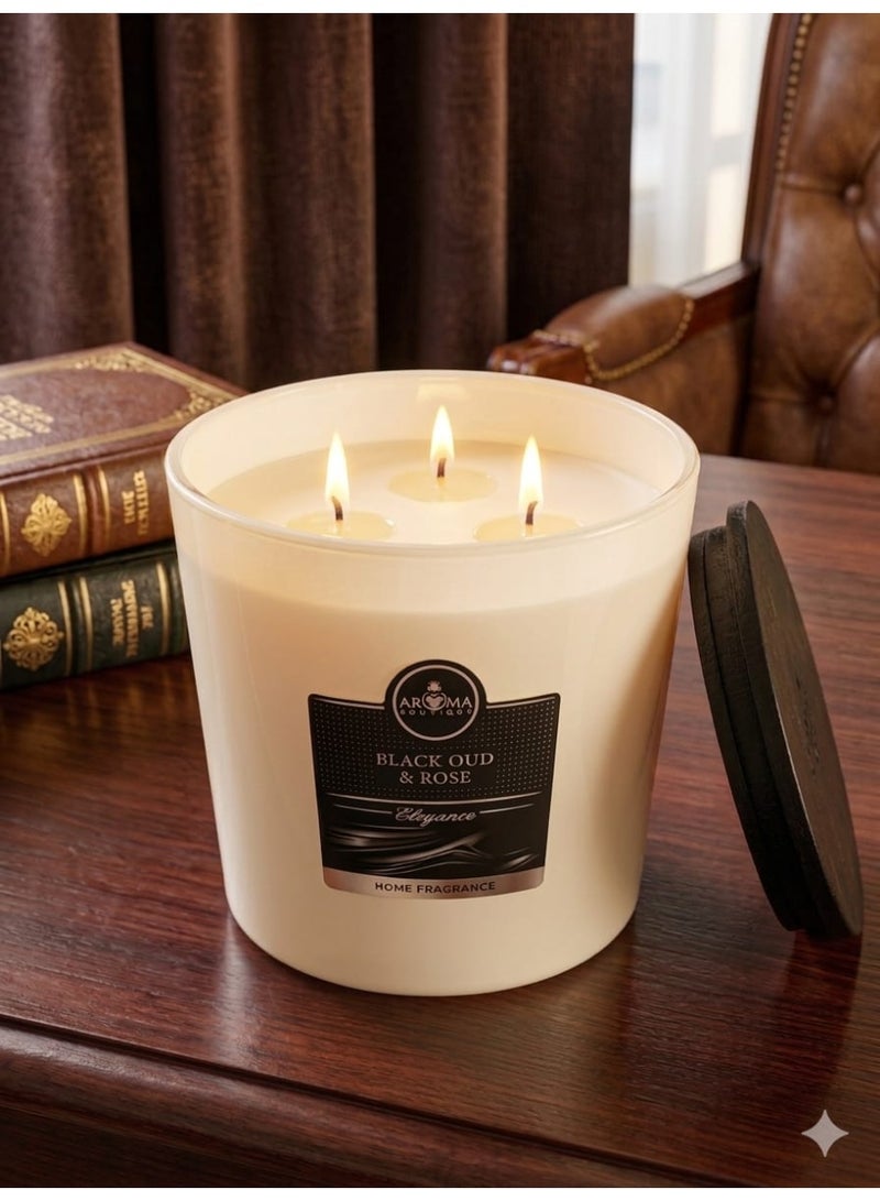 Aroma Large Luxury Scented Candle With Three Wicks And a Wooden Lid Featuring an Oud And Floral Fragrance - Image 1