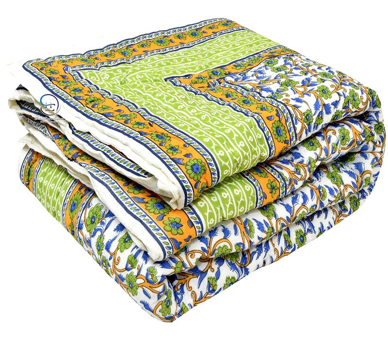 AUROSTYLE 400 TC Jaipuri LightWeight Pure Cotton Traditional Rajasthani Print Olive Green Colour Single Bed QuiltRazaiRajai Olive Greenl Floral Print Single Bed breathable Pack of 1 - Image 1