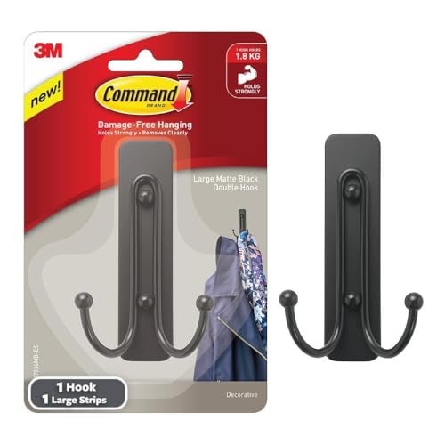 Command Large Wall Hooks, Damage Free Hanging Wall Hooks with Adhesive Strips, No Tools Double Wall Hooks for Hanging Decorations in Living Spaces, 1 Black Colored Hook and 1 Strip - Image 2