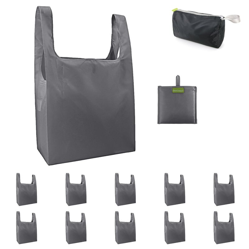 BeeGreen Grey Reusable Grocery Bags with Zipper Storage Pouch 10 Packs Gray Reusable Shopping Bags Bulk Foldable-Machine Washable - Image 1