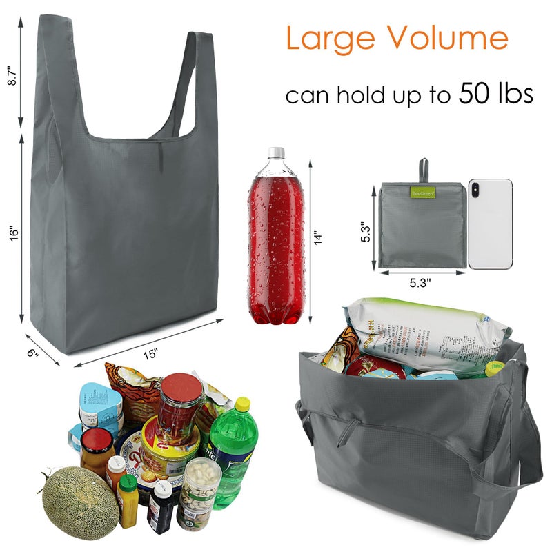 BeeGreen Grey Reusable Grocery Bags with Zipper Storage Pouch 10 Packs Gray Reusable Shopping Bags Bulk Foldable-Machine Washable - Image 2