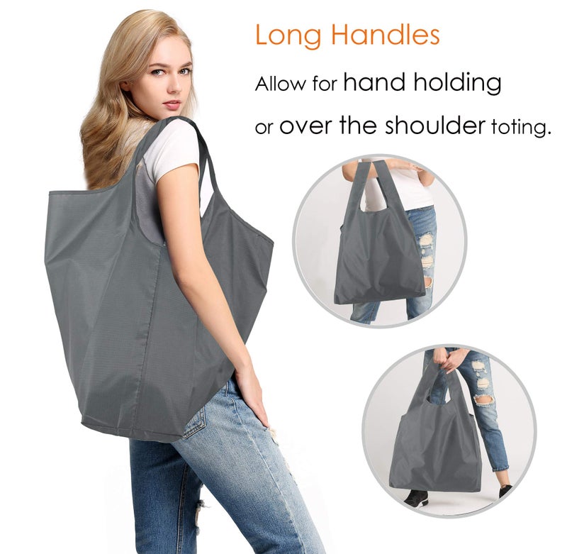 BeeGreen Grey Reusable Grocery Bags with Zipper Storage Pouch 10 Packs Gray Reusable Shopping Bags Bulk Foldable-Machine Washable - Image 3