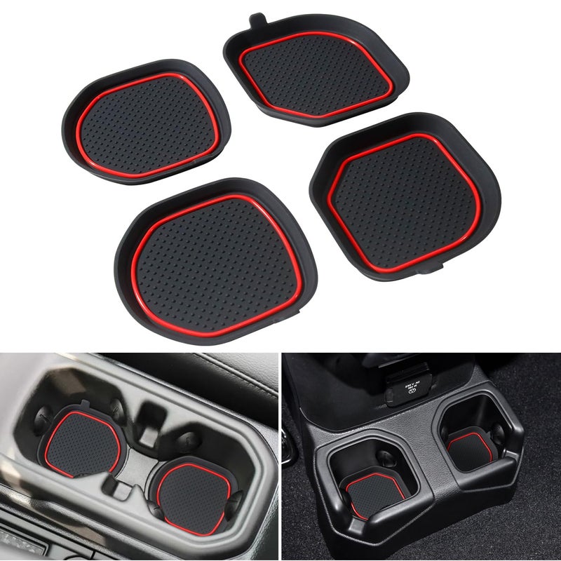 REMOCH Cup Holder Coaster for Wrangler JL JLU 20182024 2025 Wrangler Accessories Gladiator JT 20202025 Silicone Cup Inserts Interior Mats Pad Red Trim 4pcs Set for Deep Rear Cup Holders