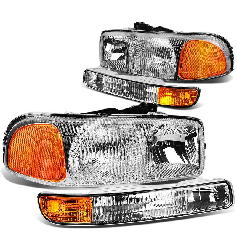 Auto Dynasty Headlights Assembly Compatible with 19992007 GMC Sierra Yukon 1500 2500 3500 GMT800 Sierra C3 4Pcs Headlamps wBumper Lamps Driver and Passenger Side Chrome Housing