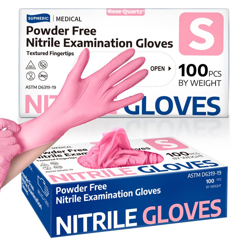 Supmedic Medical Nitrile Exam Gloves, 3.5 mil Powder-Free Food-Safe Disposable Glove for Cleaning & Esthetician, Rose Quartz 100 Pcs (Small) - Image 1