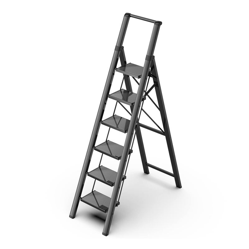 GameGem 6 Step Ladder Aluminum Folding Step Stool with AntiSlip Sturdy and Wide Pedal Portable Lightweight Stepladder with Convenient Handgrip for Home Office Kitchen Use Black 330 lbs Capacity