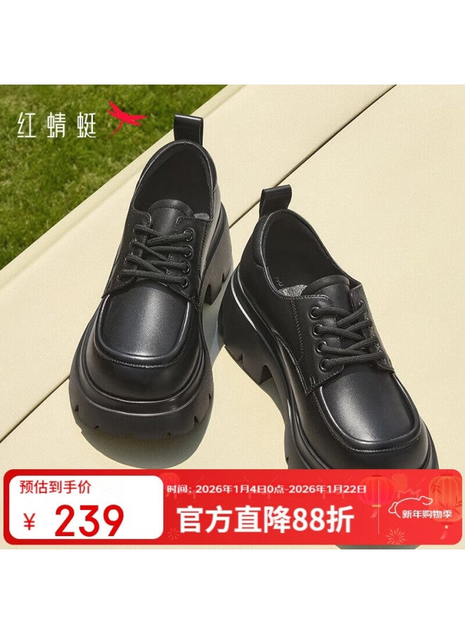 Red Dragonfly Women's Thick Sole Loafers Spring Autumn Height Increasing Shoes Chunky Heel Soft Sole British Commuter Leather Shoes Wlb34076 Black Size 36 - Image 1