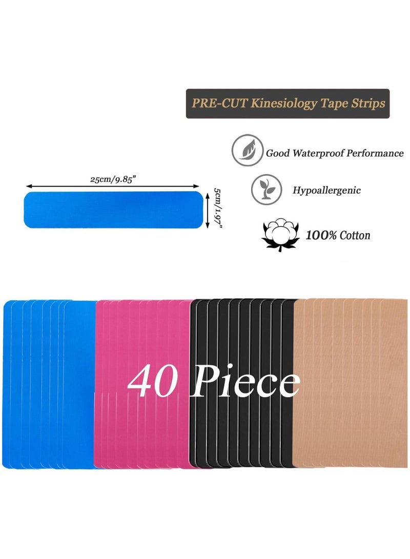 انسجام 40 قطعة من شرائط شريط الحركة المقطوعة مسبقًا بأربعة ألوان 2 بوصة × 10 بوصة شريط رياضي قطني شريط حركي شريط مرن للعضلات شريط رياضي شريط الركبة للتمرين والاستخدام اليومي - Image 2