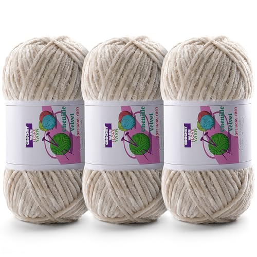 DAERBOF 3 Skeins Soft Fluffy Velvet Yarn Chenille Chunky Yarn for Hand Knitting and Crocheting DIY Craft Amigurumi Crochet Yarns31968yds 335oz Beige - Image 1