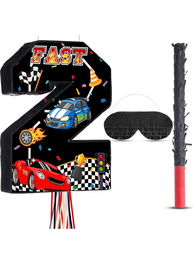 Harrycle Racing Number 2 Pinata, 2nd Birthday Decorations, Pull String Pinata with Blindfold Stick, Confetti, Small Racing Theme Pinata for Boys Party Supplies - Image 1