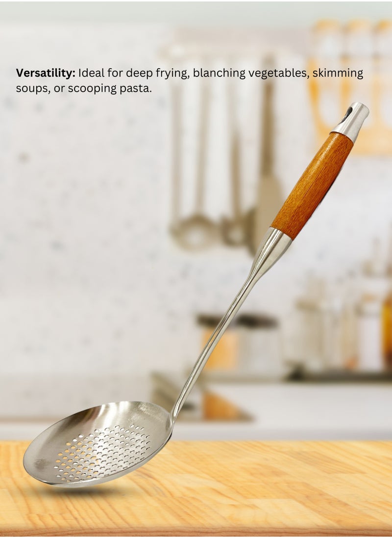 British Chef - Stainless Steel Skimmer | Wooden Handle | Slot Spoon Oil Skimmer | Long Handle Skimmer Spoon | BC315 - Image 1