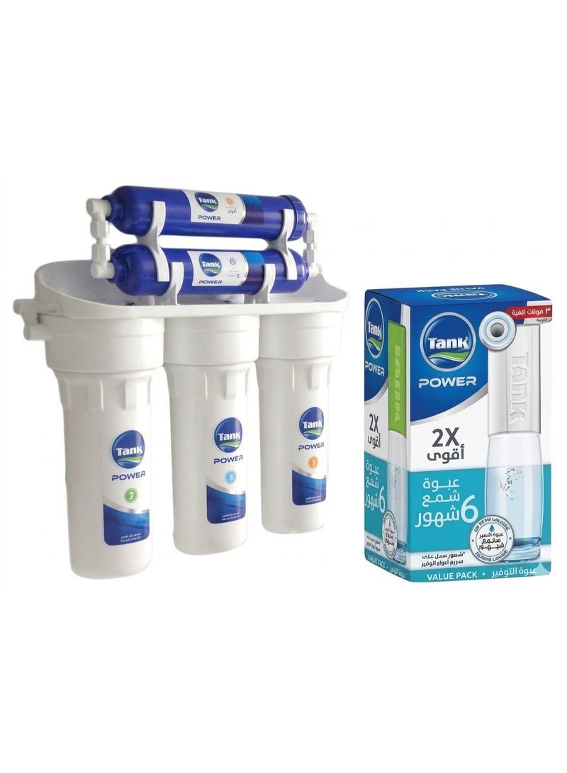 Tank Power 5-Stage Water Filter with Annual Savings Offer: Economy Candle Pack (6 Months Supply) - Pure Water and Healthy Minerals - White
