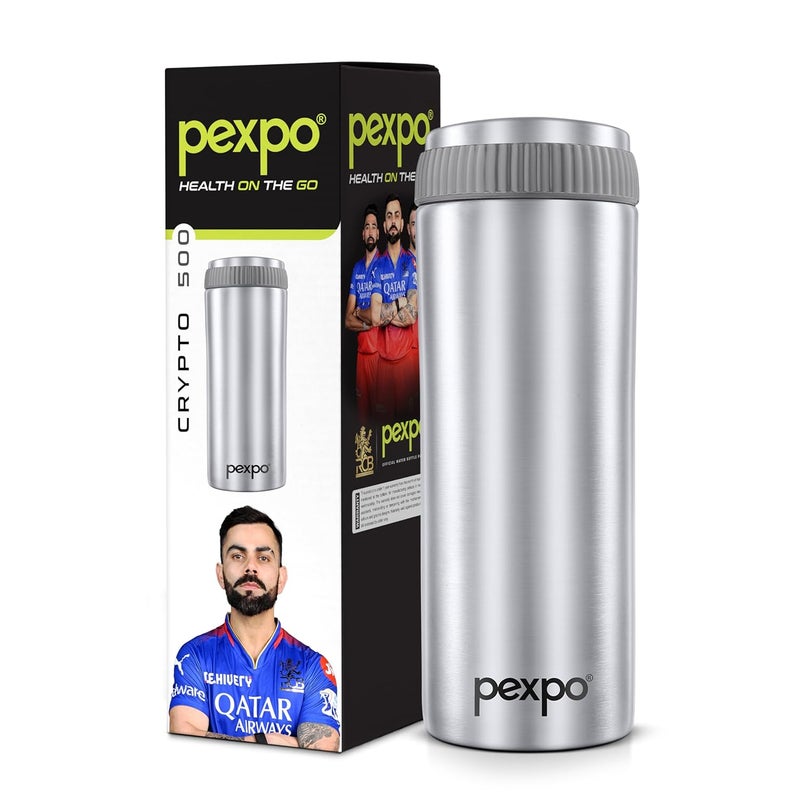 Pexpo Crypto Pro ISI Certified Hot Cold Flask 500mlSilver Stainless Steel Vacuum Insulated Thermosteel Flask Leak Proof Thermos Mug Travel Mug Adults Boys Girls RCB Edition