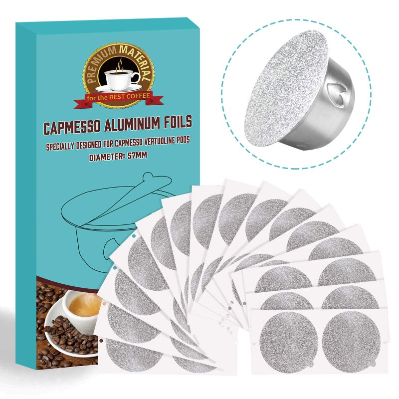 CAPMESSO Reusable Vertuoline Pod Foil Lids for CAPMESSO Vertuline Capsules Aluminum seals Reusable Coffee Pod Stainless Steel Espresso Refillable Vertuoline Capsule Foil Lids100pcs57MM in diameter