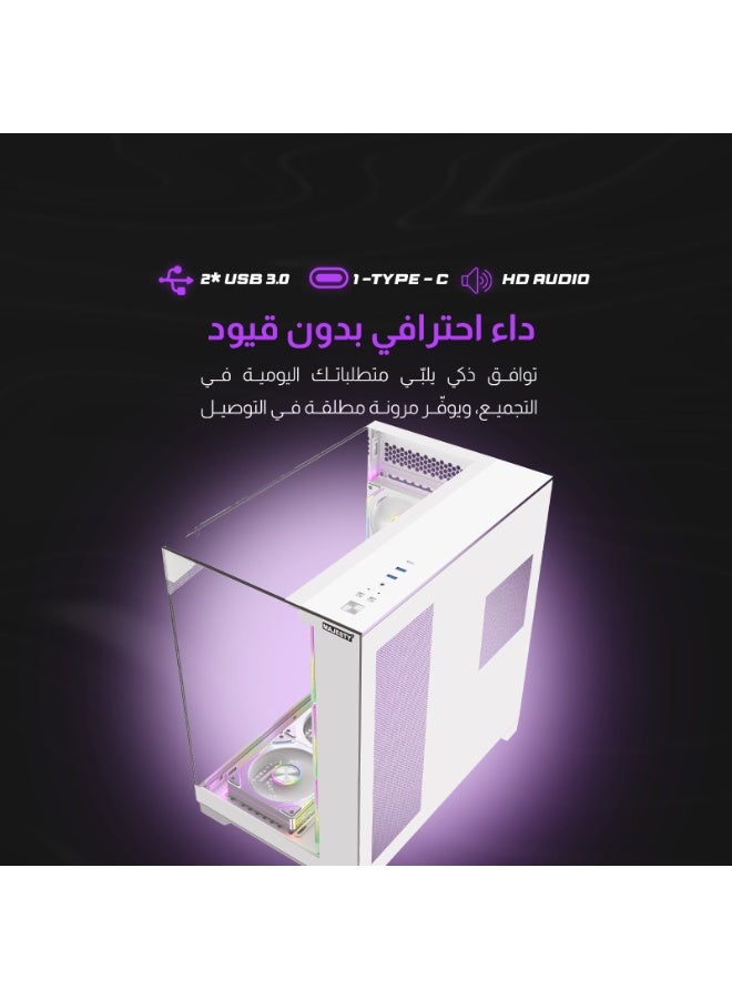 ماجيستي صندوق كمبيوتر ماجيستي ميد تاور اكس سبيس | 7 مراوح ARGB إنفينيتي 120 ملم مثبتة مسبقًا | دعم ATX | يدعم مبرد مائي 360mm | منافذ Type-C و2×USB 3.0 | تصميم يدعم التوصيل الخلفي | أبيض - Image 5