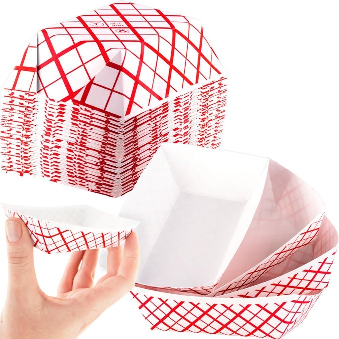 GREASEPROOF STURDY FOOD TRAYS 5 LB CAPACITY 50 PACK SERVE HOT OR COLD SNACKS IN THESE CLASSIC CARNIVAL STYLE CHECKERED PAPER BASKETS PERFECT FOR CONCESSION STAND OR CIRCUS PARTY FARE