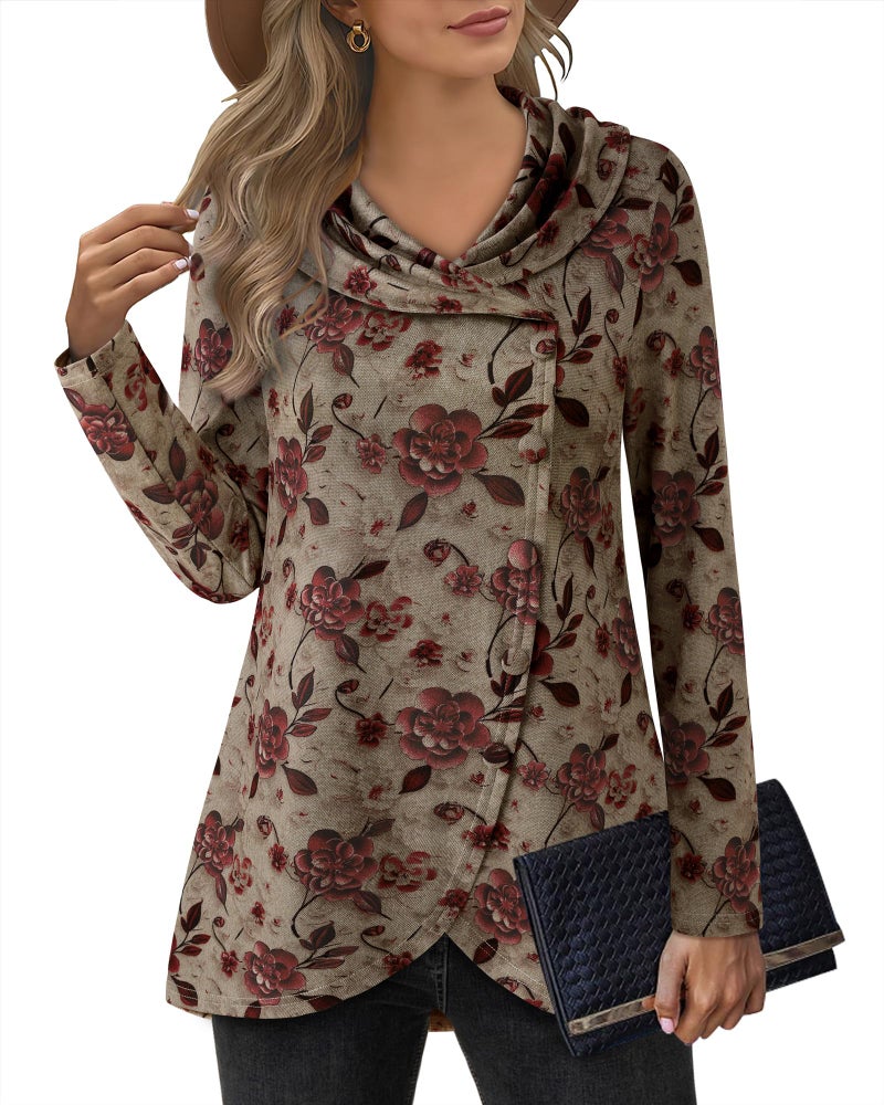 VALOLIA Winter Sweaters for Women: Womens Dress Tops - Pullover Sweaters for Women - Fall Winter Buttons Side Tulip Hem Lapel Red Plum Blossom Large - Image 1