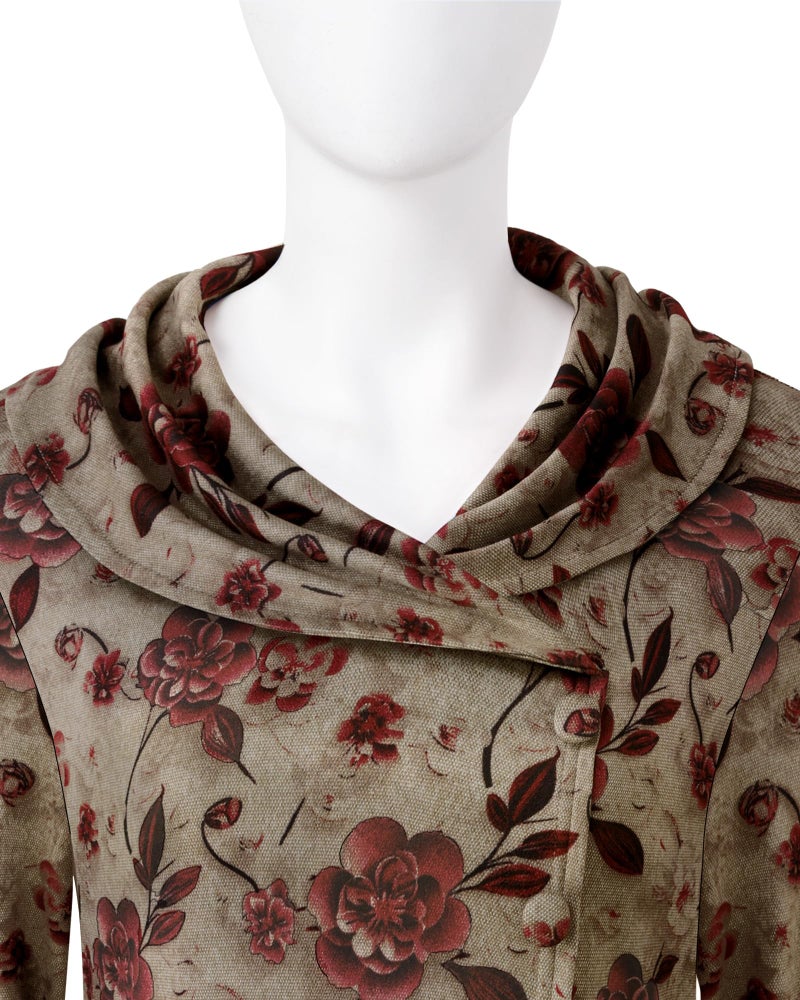 VALOLIA Winter Sweaters for Women: Womens Dress Tops - Pullover Sweaters for Women - Fall Winter Buttons Side Tulip Hem Lapel Red Plum Blossom Large - Image 4