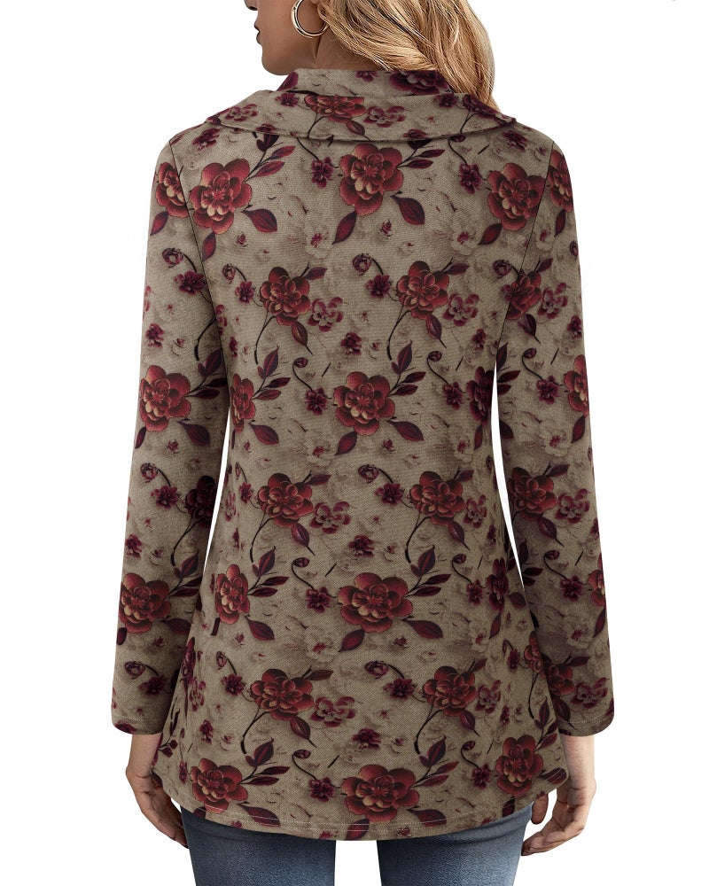 VALOLIA Winter Sweaters for Women: Womens Dress Tops - Pullover Sweaters for Women - Fall Winter Buttons Side Tulip Hem Lapel Red Plum Blossom Large - Image 2