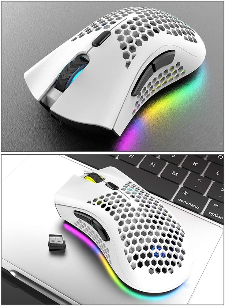 Eacam 2.4G Wireless Gaming Mouse Rechargeable Mouse with RGB Light Effect 3 Adjustable DPI Hollowed-out Honeycomb Design White - Image 4