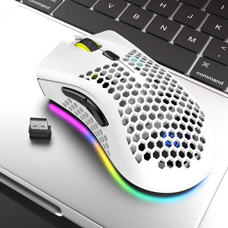 Eacam 2.4G Wireless Gaming Mouse Rechargeable Mouse with RGB Light Effect 3 Adjustable DPI Hollowed-out Honeycomb Design White - Image 3