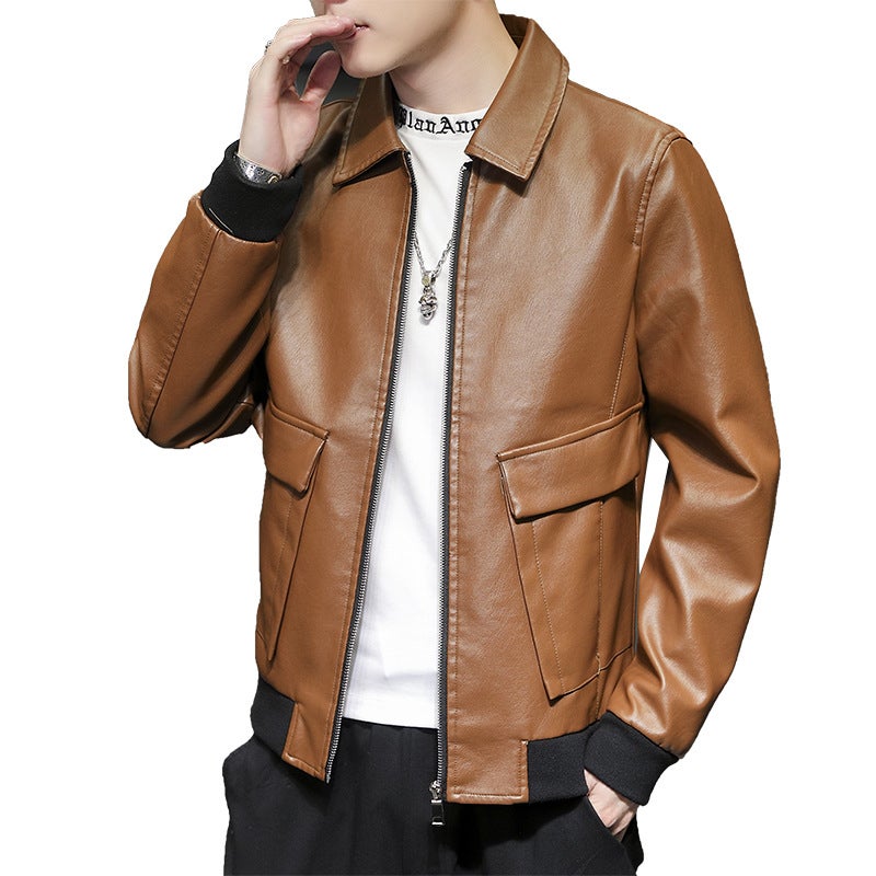 Leather Jacket Men'S Lapel Youth Jacket Casual Puple Leather Jacket Business Casual Multi-Pocket Jacket Trendy Plus Size Top - Image 2