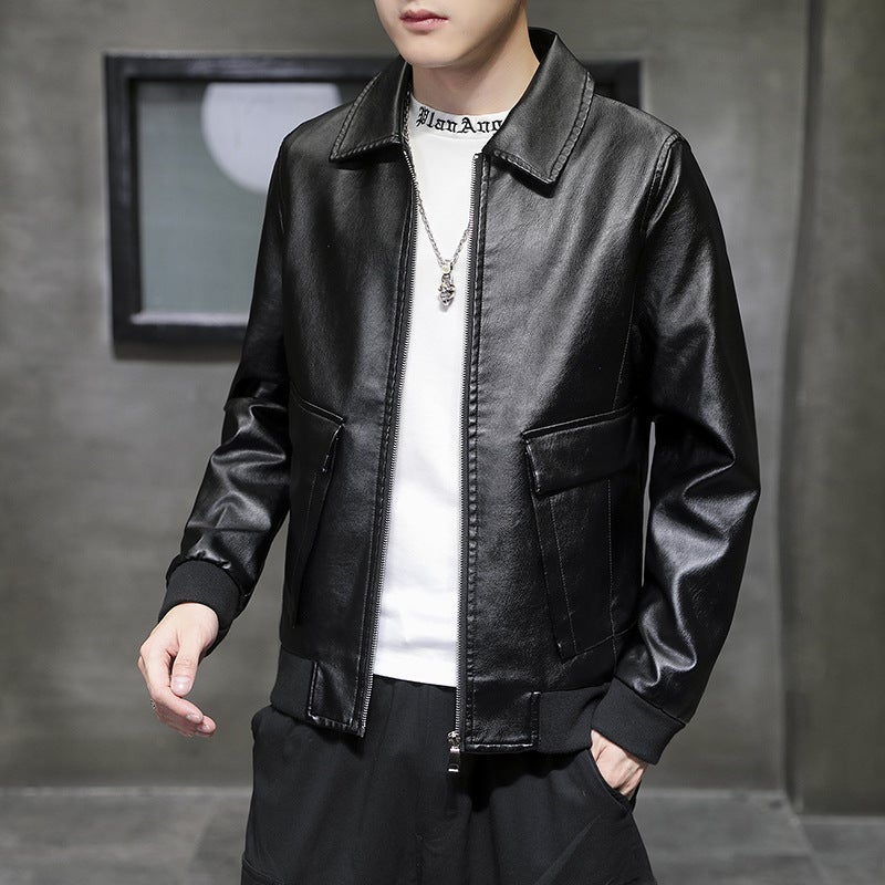 Leather Jacket Men'S Lapel Youth Jacket Casual Puple Leather Jacket Business Casual Multi-Pocket Jacket Trendy Plus Size Top - Image 1