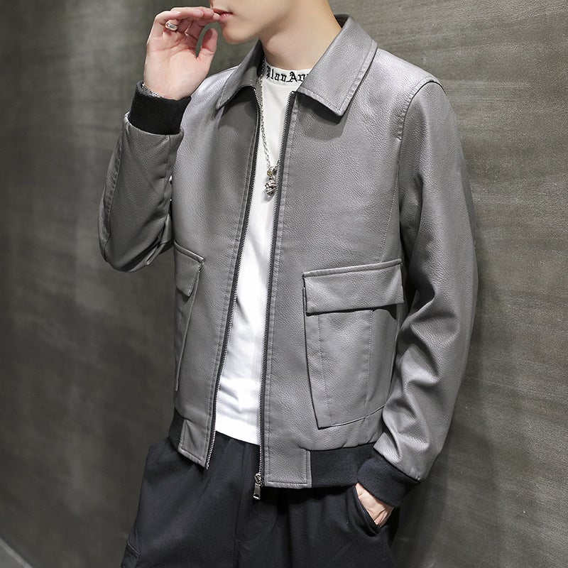 Leather Jacket Men'S Lapel Youth Jacket Casual Puple Leather Jacket Business Casual Multi-Pocket Jacket Trendy Plus Size Top - Image 3