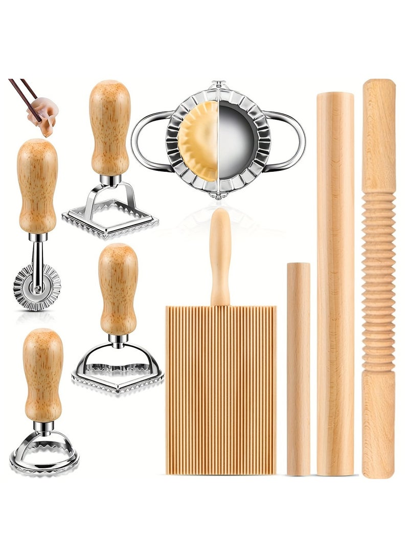 XiuWoo 9pcs Pasta Making Tools Pasta Making Tools kit Gnocchi Board, Pasta Cutter, Ravioli Stamp, Wood Threaded Pasta Roller Pin Set, Noodle and Dumplings Maker, Homemade Kitchen Gift for Pasta Lovers - Image 1