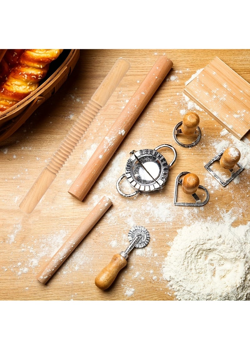 XiuWoo 9pcs Pasta Making Tools Pasta Making Tools kit Gnocchi Board, Pasta Cutter, Ravioli Stamp, Wood Threaded Pasta Roller Pin Set, Noodle and Dumplings Maker, Homemade Kitchen Gift for Pasta Lovers - Image 2