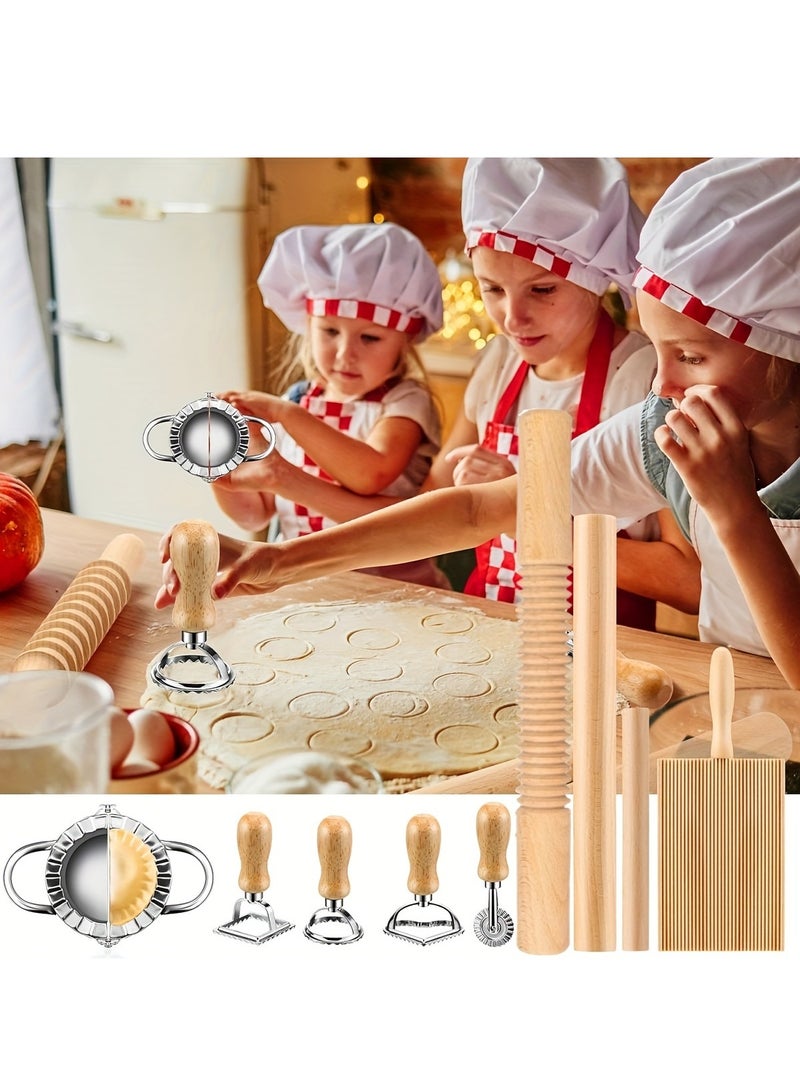 XiuWoo 9pcs Pasta Making Tools Pasta Making Tools kit Gnocchi Board, Pasta Cutter, Ravioli Stamp, Wood Threaded Pasta Roller Pin Set, Noodle and Dumplings Maker, Homemade Kitchen Gift for Pasta Lovers - Image 4